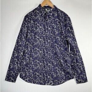 Desigual Man David Shirt Medium Blue Abstract Face Print Slim Fit Cotton Artsy